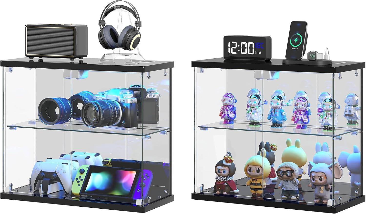 Dystler 2pcs LED Clear Glass Display Case - for Figures & Collectibles, Small 2-Tier Display Cabinet with Charging Station, Display Box with Lights & Human Sensor, for Model Car, Perfume, Black