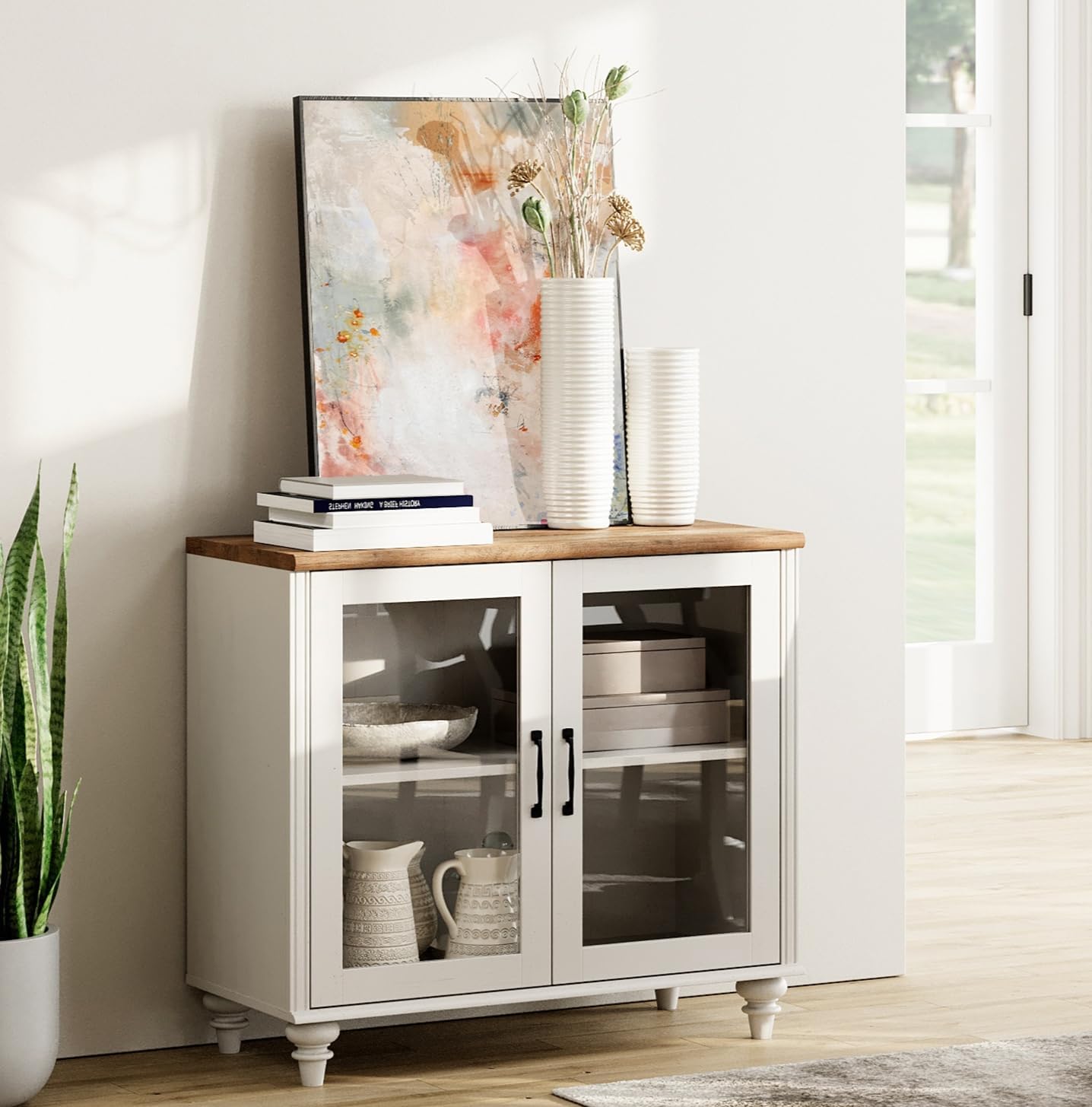 WAMPAT Sideboard Buffet Cabinets with Glass Door, Kitchen Storage Cabinets with Curved Edge, Wood Coffee Bar Tables with Vintage Gourd Leg, Accent Table for Dining Room, Living Room, Off White