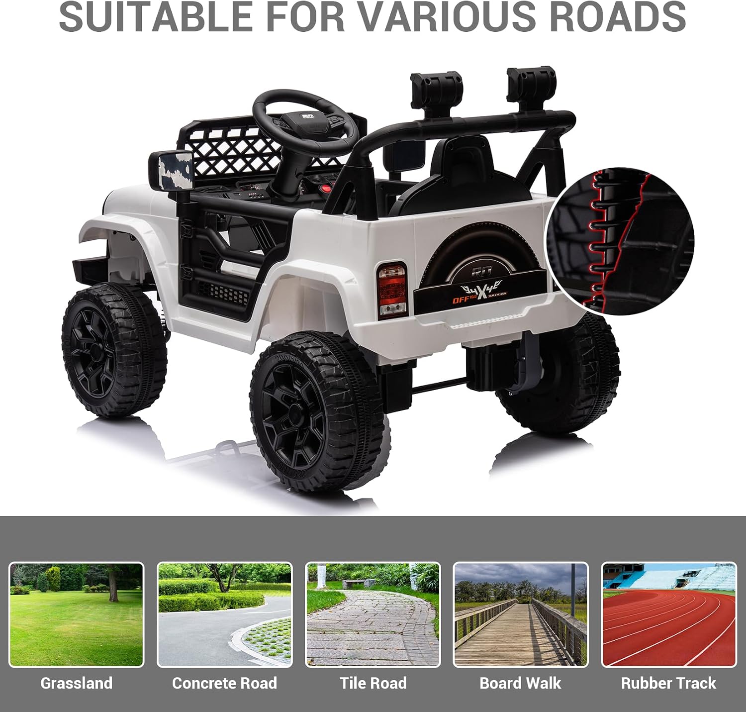 12V Ride On Car for Kids Electric Vehicle Toddlers Battery Powered Truck Car Toy with Remote Control, 4-Wheel Suspension, Battery Display, LED Lights, Music, for Boys Girls, White