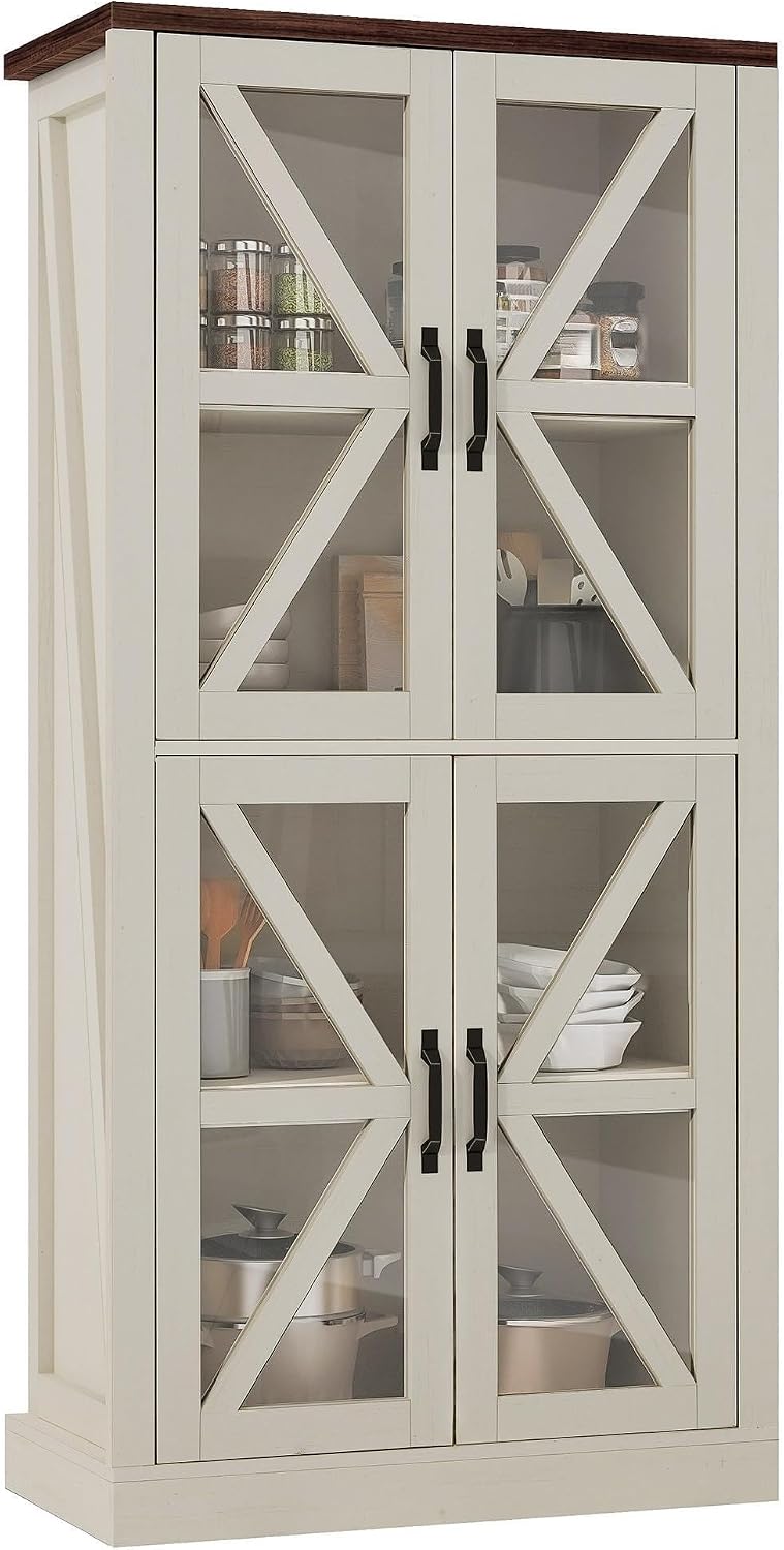 DWVO 66' Storage Cabinet, Tall Bookshelf Display Cabinet, 4 Shelves Curio Cabinet with Tempered Glass Doors, Trophy Display Case for Living Room and Dinning Room, White