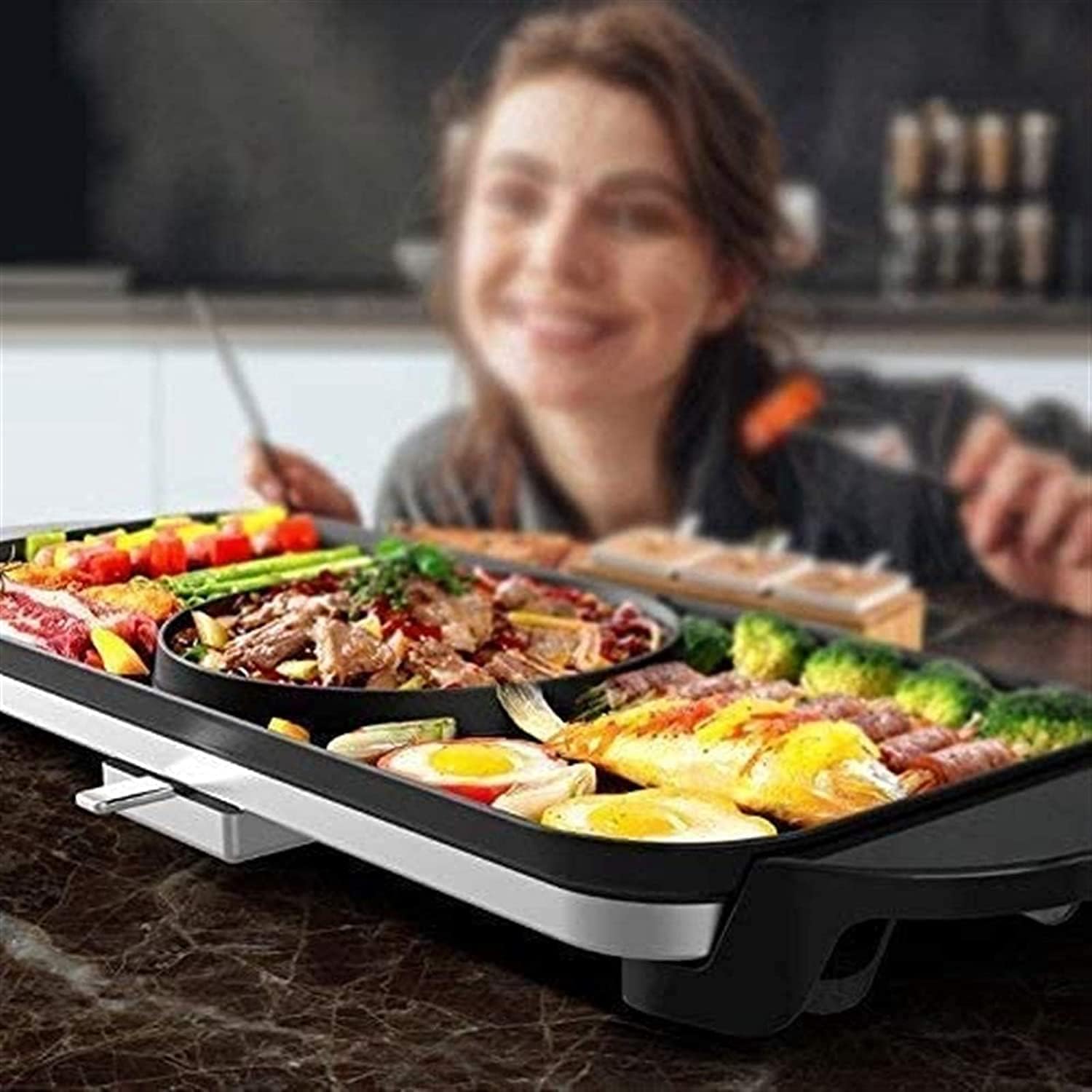 Electric Grill Indoor Barbecue Hot Pot, Detachable Double Pot Induction Cooker, Rice Cooker Electric Baking Pan Electric Oven Electric Barbecue,Portable Nonstick Griddle