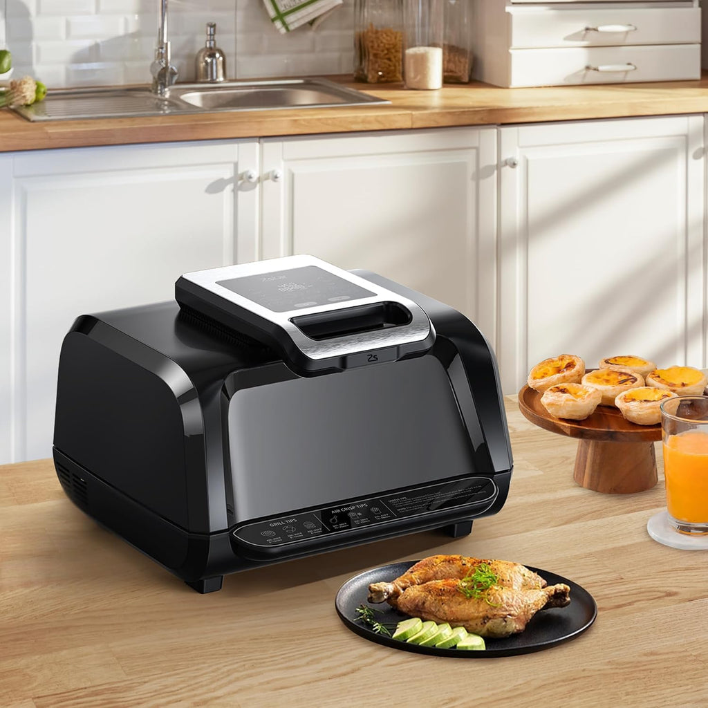 1750W smokeless Indoor Grill Air Fryer Combo, 7-In-1 Smokeless Electric Air Grill with See-Through Window, Non-Stick Removable Plates, Oil-Free Cooking Up to 450°F, Tongs, 4QT, Black