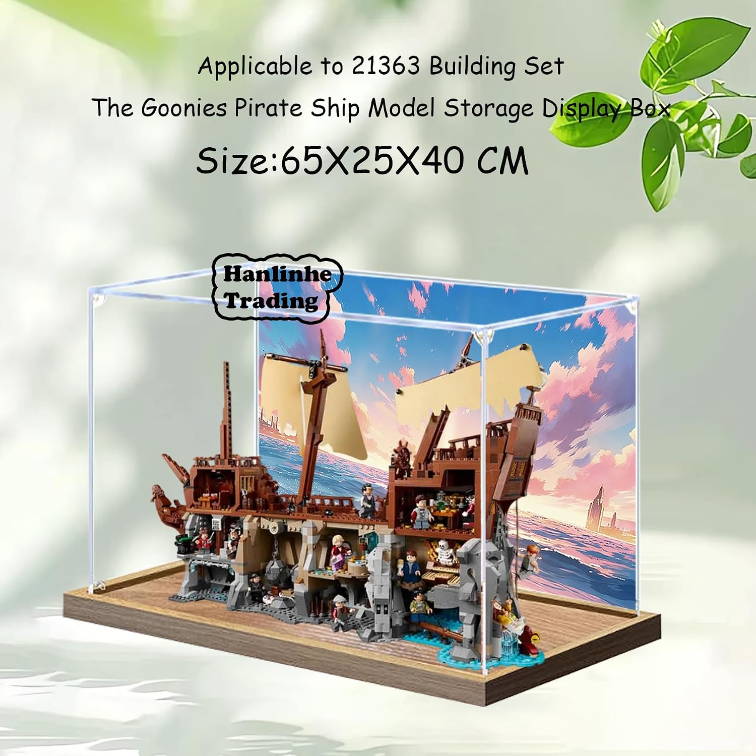 Acrylic Display Case for Lego 21363 The Goonies Pirate Ship Building Set– Dustproof Display Box, Display Box Compatible with Lego 21363-Only Display case (Back Spray Wooden Base 2)