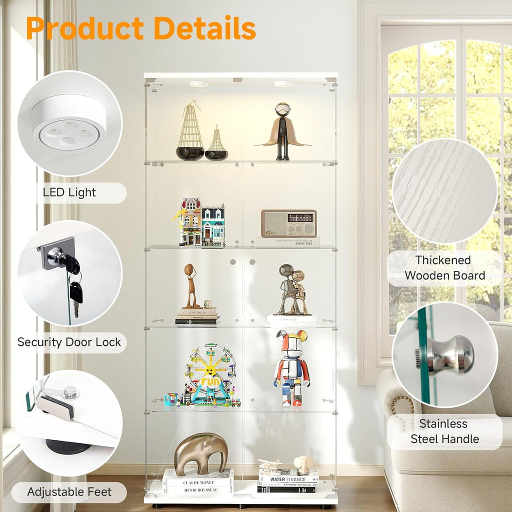 Zevemomo 5-Tier Tempered Glass Display Cabinet with Lights, Curio Cabinet with Glass Doors and Lock, Glass Display Case for Collectibles, for Living Room Bedroom Office, Double Door, White