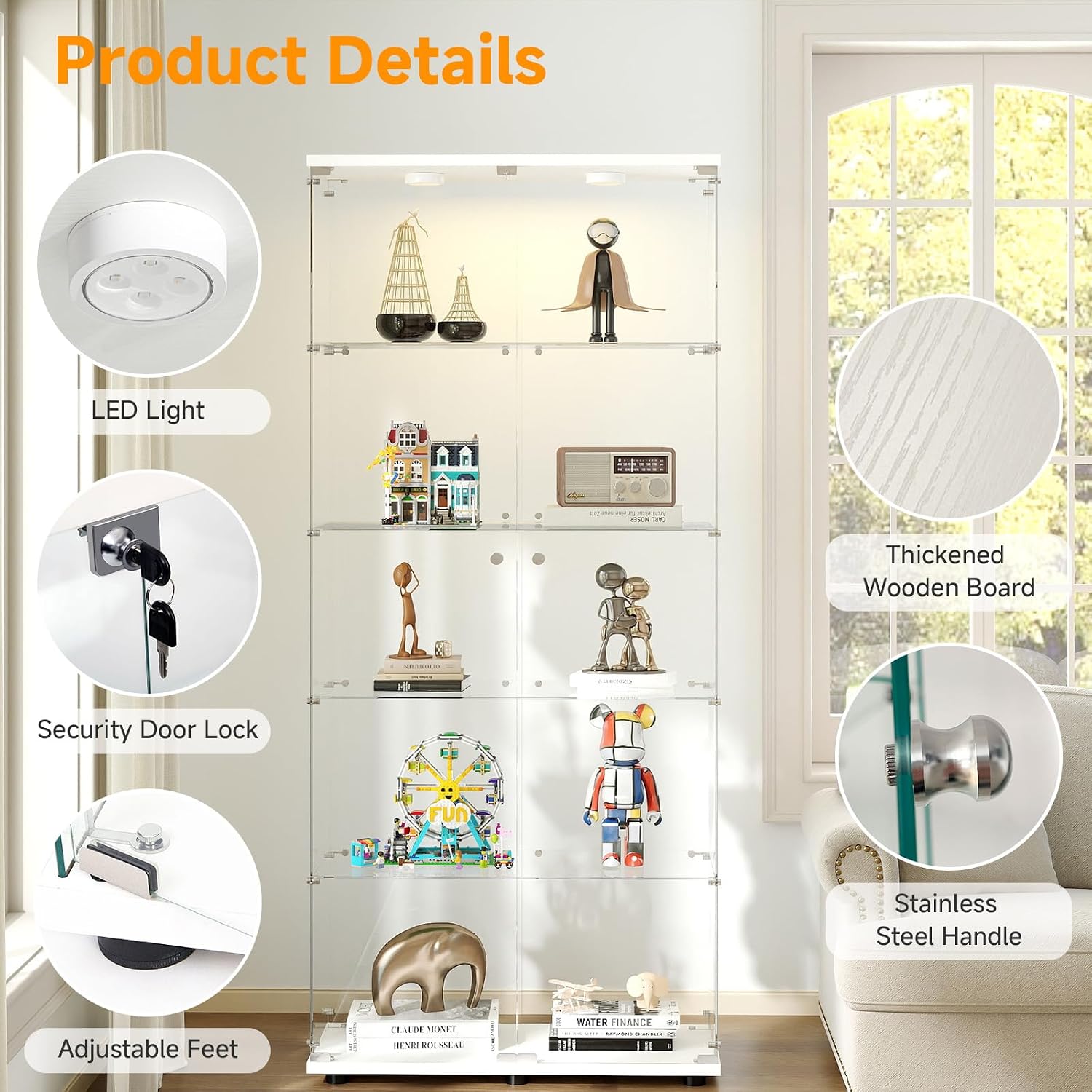 Zevemomo 5-Tier Tempered Glass Display Cabinet with Lights, Curio Cabinet with Glass Doors and Lock, Glass Display Case for Collectibles, for Living Room Bedroom Office, Double Door, White