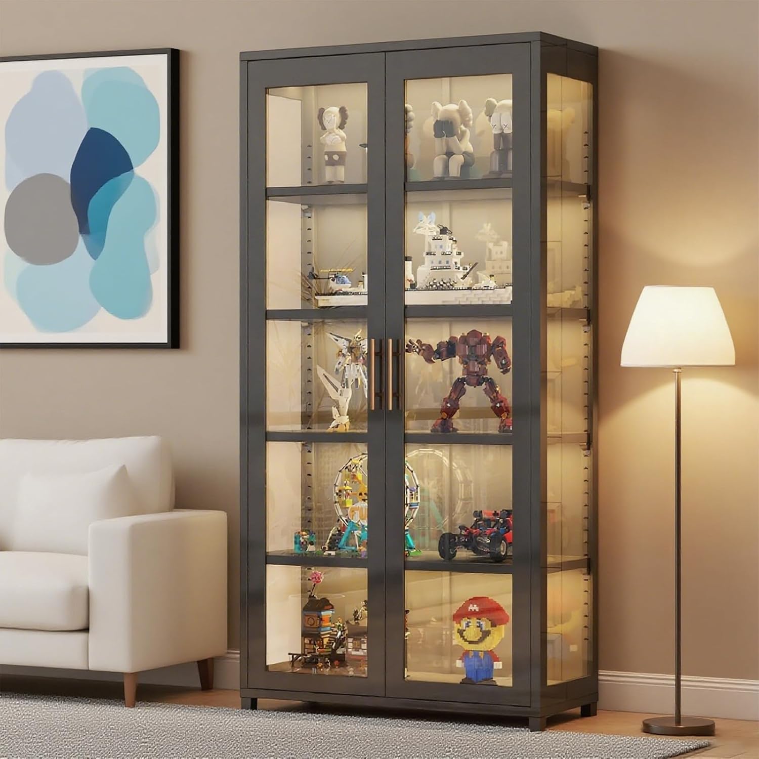 5 Tier Glass Display Case, Display Cabinet with Glass Door, 67'Transparent Curio Case, Organizers Rack & Display Shelf, Kids Bookcase for Bedroom, Office, Playroom, Living Room.