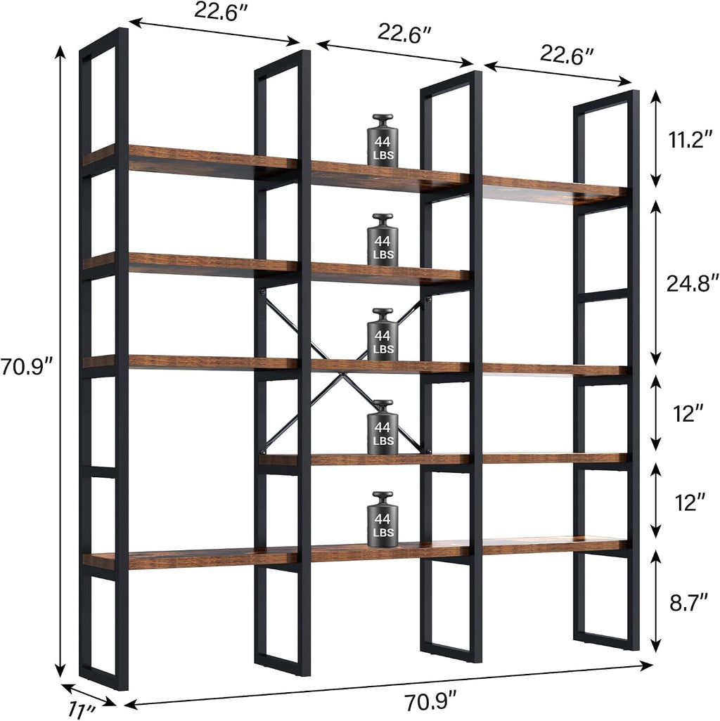 Large Bookshelf 5 Tiers, Triple Wide Geometric Bookcase, 71 Inches Tall Industrial Book Shelves Etagere Book Case, Sturdy Metal Frame, Freestanding Display Shelving Unit, Brown