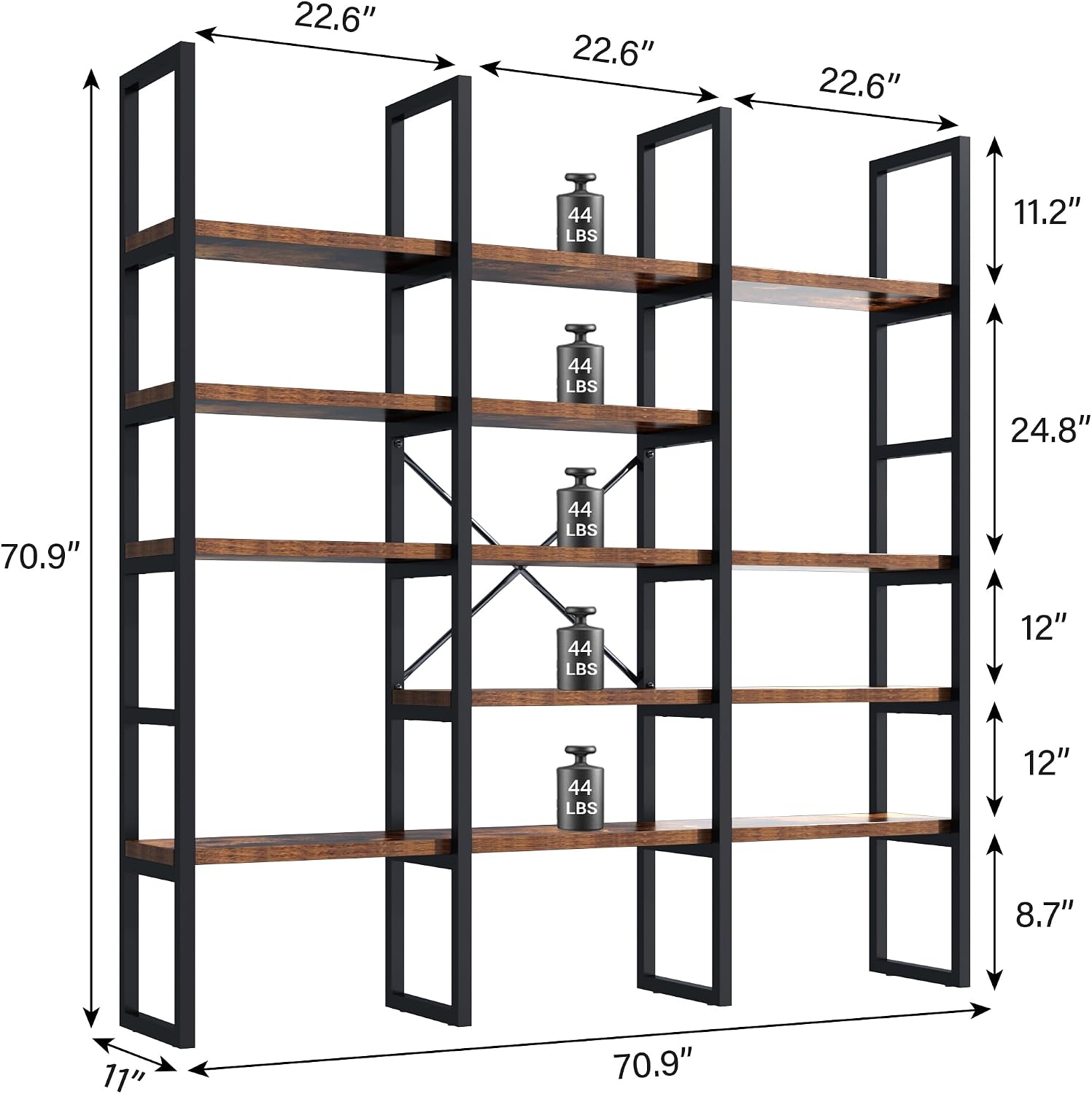 Large Bookshelf 5 Tiers, Triple Wide Geometric Bookcase, 71 Inches Tall Industrial Book Shelves Etagere Book Case, Sturdy Metal Frame, Freestanding Display Shelving Unit, Brown