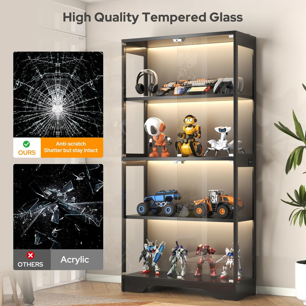 UNIQUITE Display Cabinet with Glass Doors, 63' Curio Cabinet with Color Lights for Collectibles, 4-Tier Display Case with Human Body Sensor for Artwork Books, Black