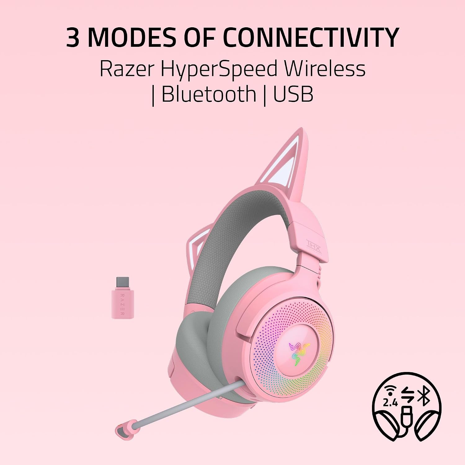 Razer Kraken Kitty V3 Pro Wireless RGB Gaming Headset: Chroma RGB Kitty Ears - 2.4 GHz, Bluetooth 5.3, USB A - Super Wideband Mic - 40mm Drivers - THX Spatial Audio - Comfortable Ear Cushions - Pink