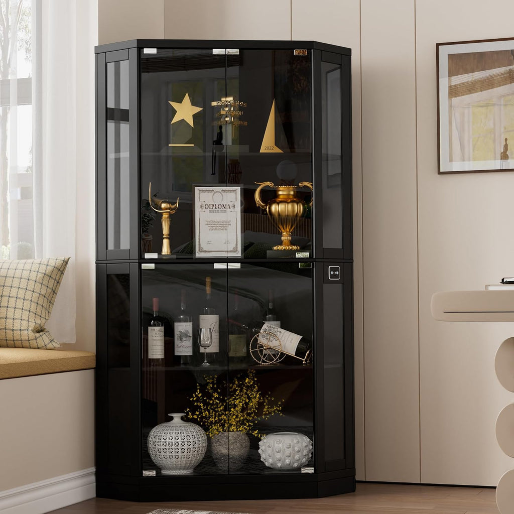 PAKASEPT Corner Display Cabinet with Glass Doors, 66.3'Corner Curio Cabinets with LED Lights, 4-Tier Display Shelf with Human Body Sensor for Toys, Books, Collectibles
