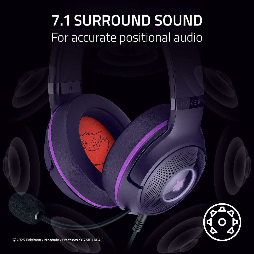 Razer Kraken Kitty V2 USB Wired Headset: Gengar Spikes - Stream Reactive Lighting - HyperClear Cardioid Mic - 40 mm Drivers - 7.1 Surround Sound - Comfortable Ear Cushions - Pokemon Gengar Edition