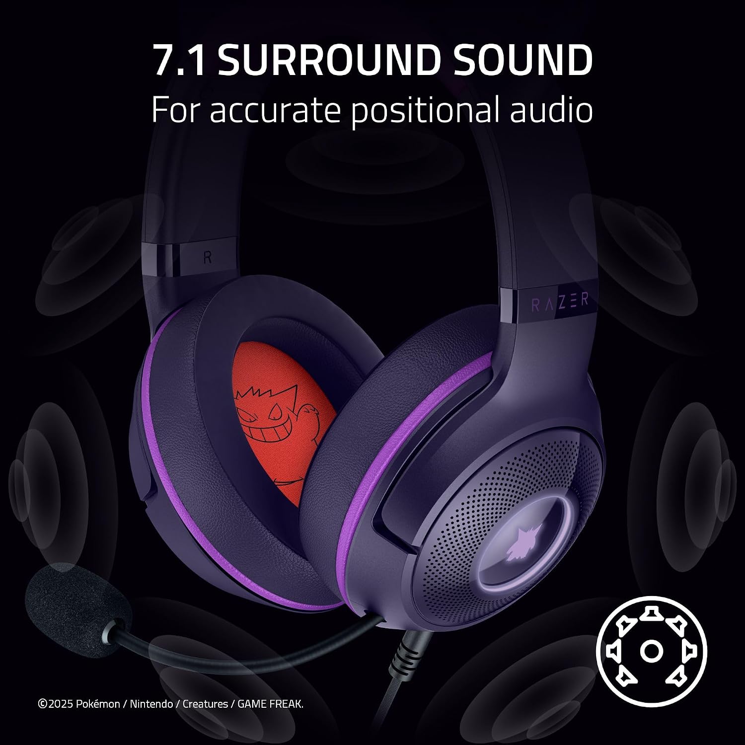 Razer Kraken Kitty V2 USB Wired Headset: Gengar Spikes - Stream Reactive Lighting - HyperClear Cardioid Mic - 40 mm Drivers - 7.1 Surround Sound - Comfortable Ear Cushions - Pokemon Gengar Edition