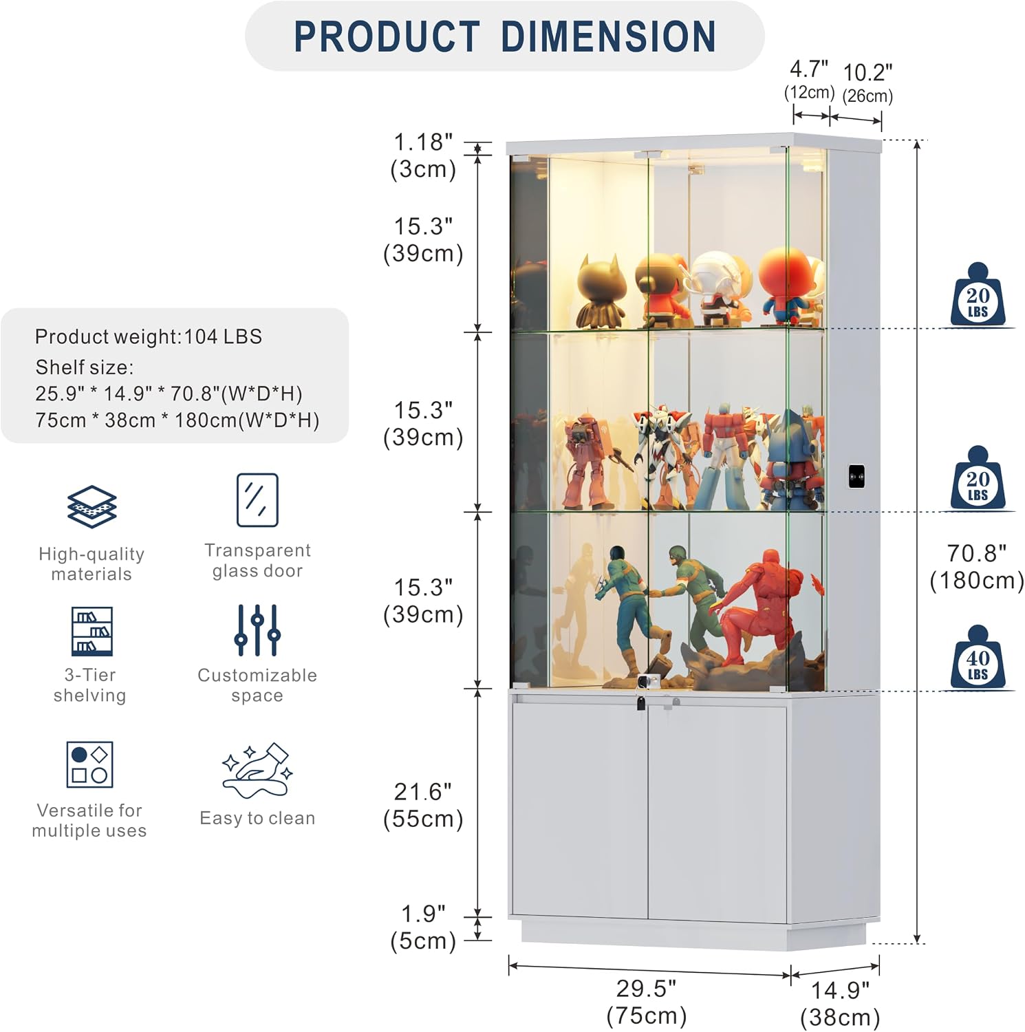 HNEBC 71'' Display Cabinet with Glass Doors&3 Color Lights&Lockable for Bedroom White,High Gloss Curio Cabinet with Adjustable Glass Shelf 3-Tier Bookcase for Living Room