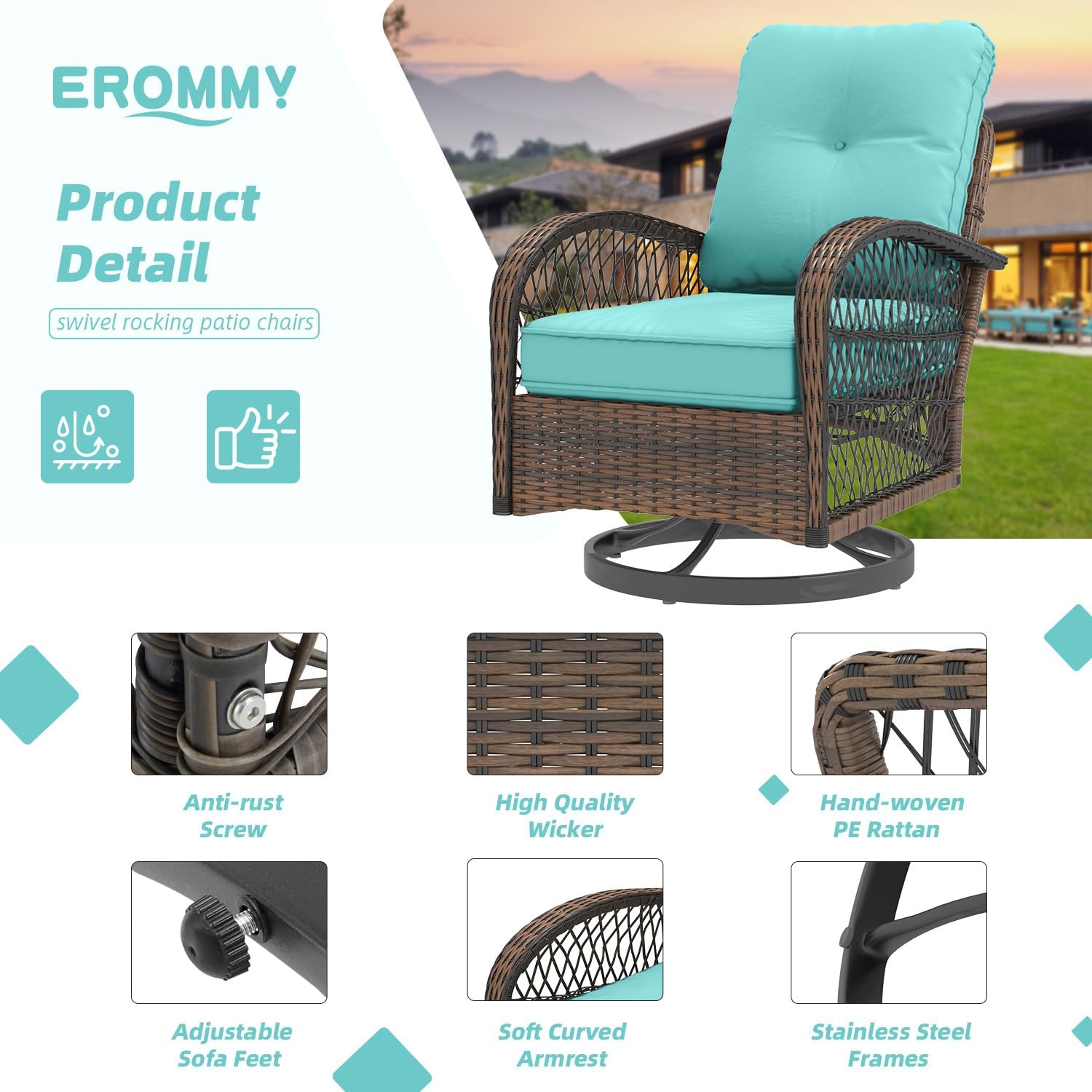 EROMMY 3 Pieces Patio Furniture Set, Outdoor Swivel Rocker Patio Chairs, Wicker Patio Bistro Set with Rocking Chair, Thickened Cushions and Glass Coffee Table for Backyard, Garden, Blue