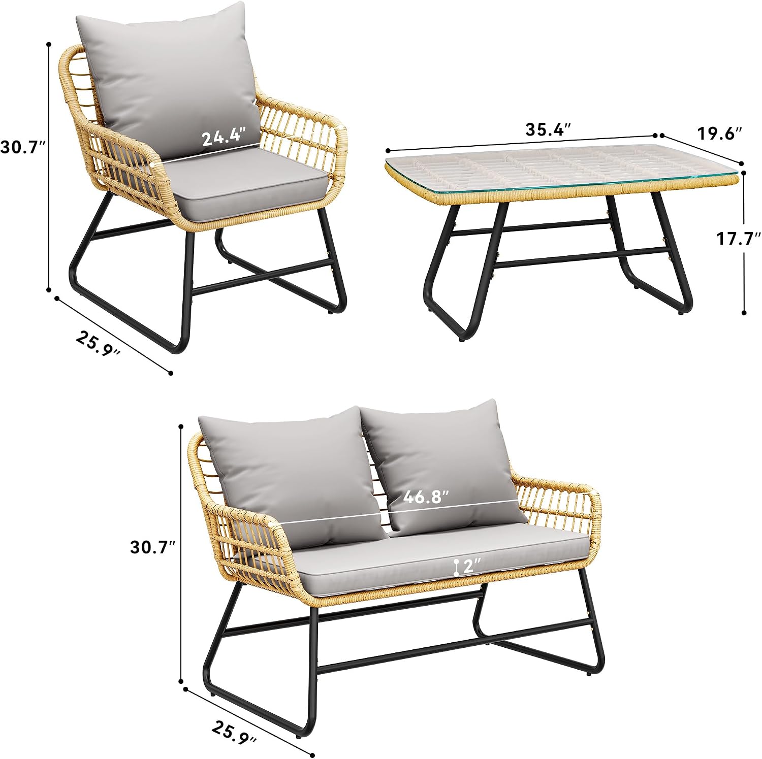 YITAHOME 4 Piece Patio Furniture Set, Outdoor Wicker Furniture Set with Removable Cushion, Rattan Patio Loveseat Set for Garden, Backyard, and Deck,Armchairs, Glass Side Table, Light Gray & Beige