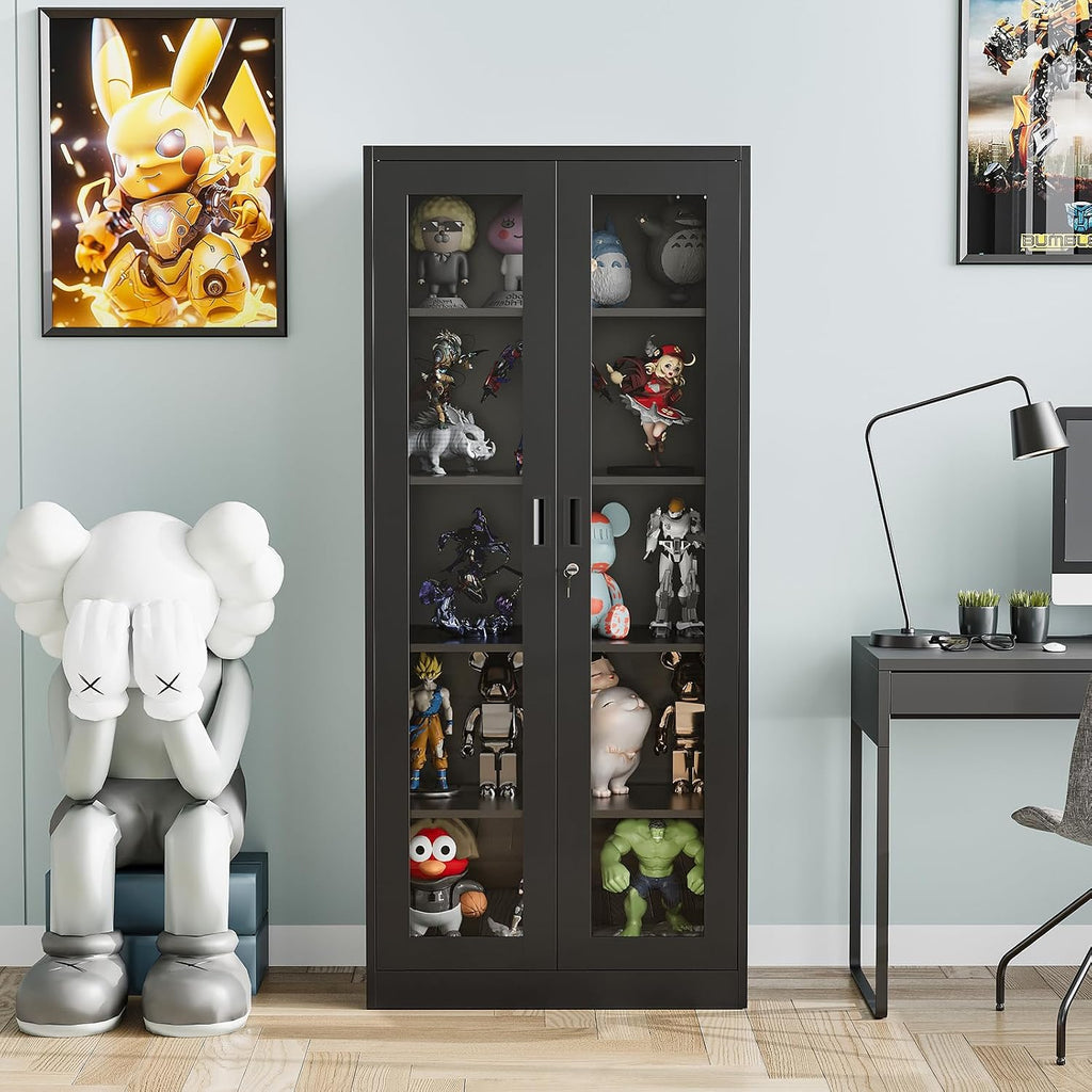 Display Cabinet with Glass Doors, Display Case Cabinet for Collectibles, Curio Display Cabinet with 4 Adjustable Shelves, 71'' Glass Display Cabinet for Home Office (Black), MSC-0818