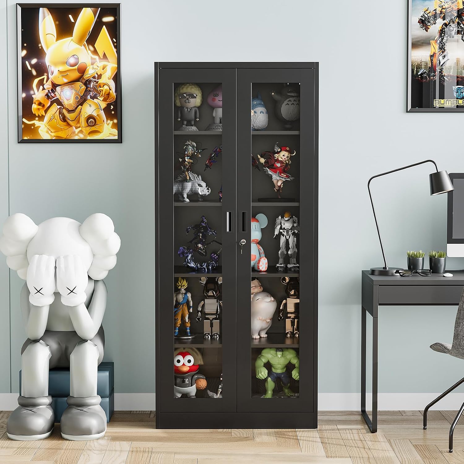 Display Cabinet with Glass Doors, Display Case Cabinet for Collectibles, Curio Display Cabinet with 4 Adjustable Shelves, 71'' Glass Display Cabinet for Home Office (Black), MSC-0818