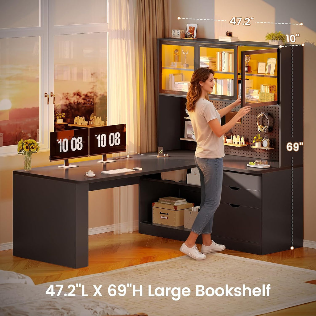 SEDETA L Shaped Computer Desk, L Shaped Corner Gaming Desk with 3 Wood Drawer and Large Bookshelf, Home Office Desk with LED Light, Display Cabinet and Pegboard, 27.5' W Large Desktop Table, Black