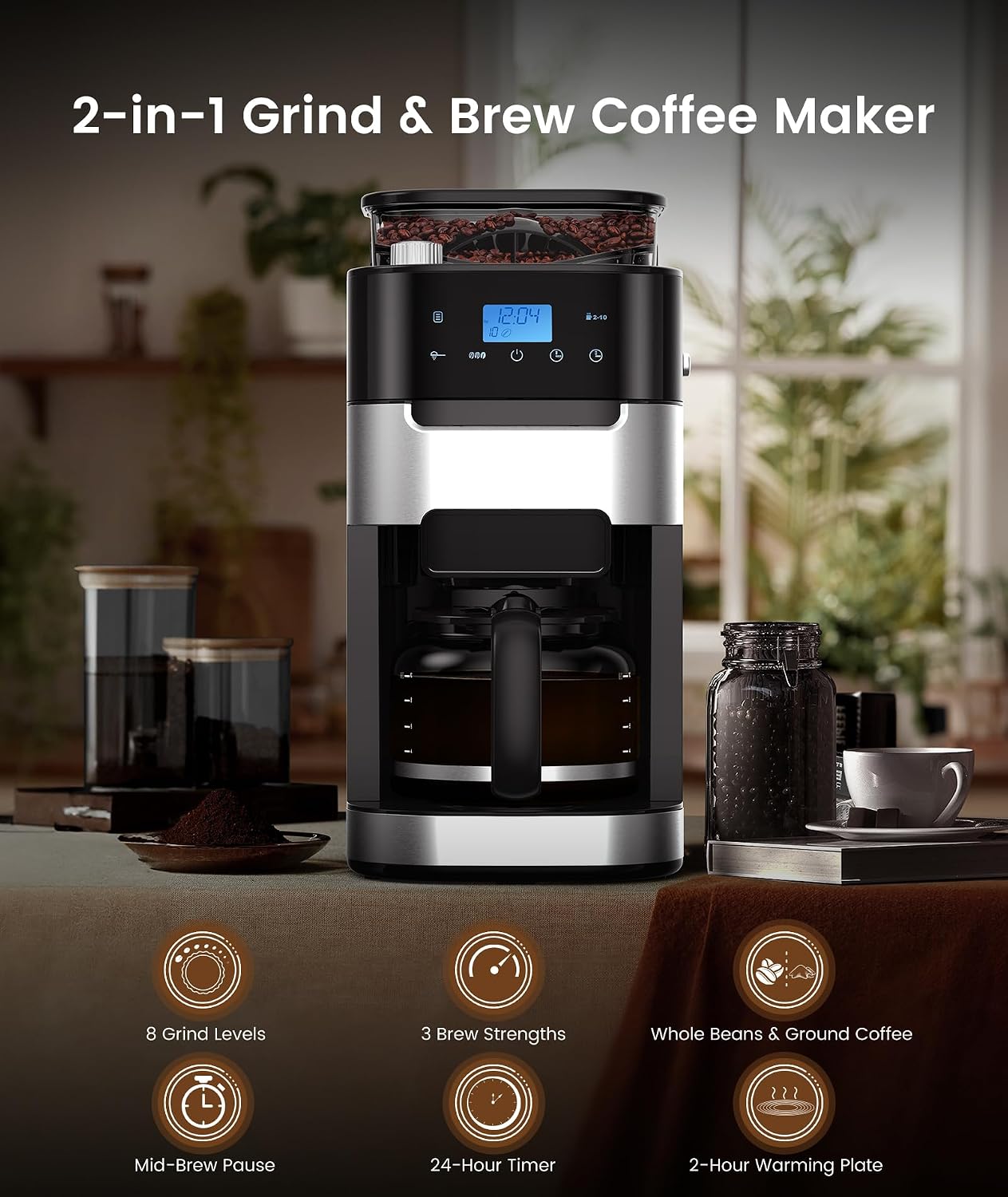 COWSAR 10-Cup Drip Coffee Maker with Built-In Grinder, 24-Hour Programmable, Adjustable Grind & Brew, Keep Warm Plate, 50oz Water Reservoir, Ideal for Home & Office - Black - Commercial Performance