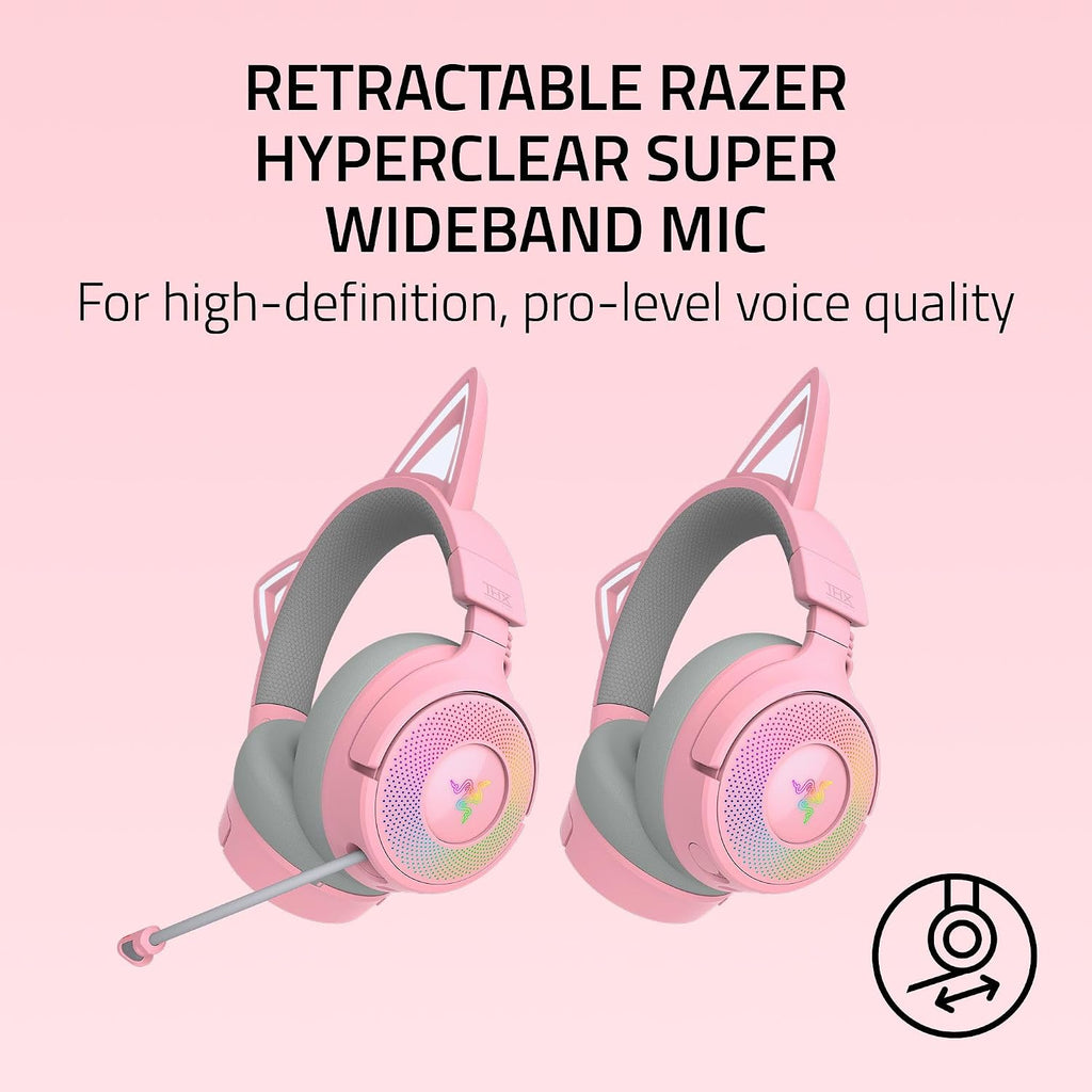 Razer Kraken Kitty V3 Pro Wireless RGB Gaming Headset: Chroma RGB Kitty Ears - 2.4 GHz, Bluetooth 5.3, USB A - Super Wideband Mic - 40mm Drivers - THX Spatial Audio - Comfortable Ear Cushions - Pink