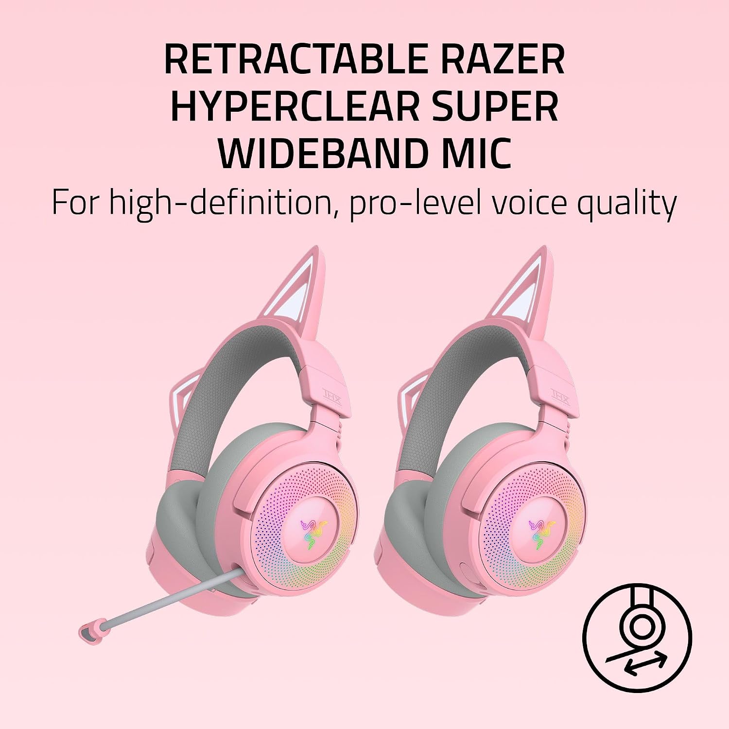 Razer Kraken Kitty V3 Pro Wireless RGB Gaming Headset: Chroma RGB Kitty Ears - 2.4 GHz, Bluetooth 5.3, USB A - Super Wideband Mic - 40mm Drivers - THX Spatial Audio - Comfortable Ear Cushions - Pink