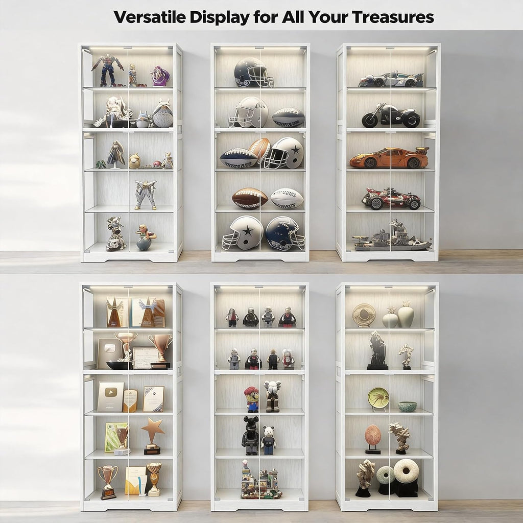 Glass Display Cabinet, 5-Tier Curio Cabinet with Glass Doors, Dimming LED Lights & Motion Sensor, for Collectible Figures, Living Room, Bedroom, or Office (Iron Frame White)