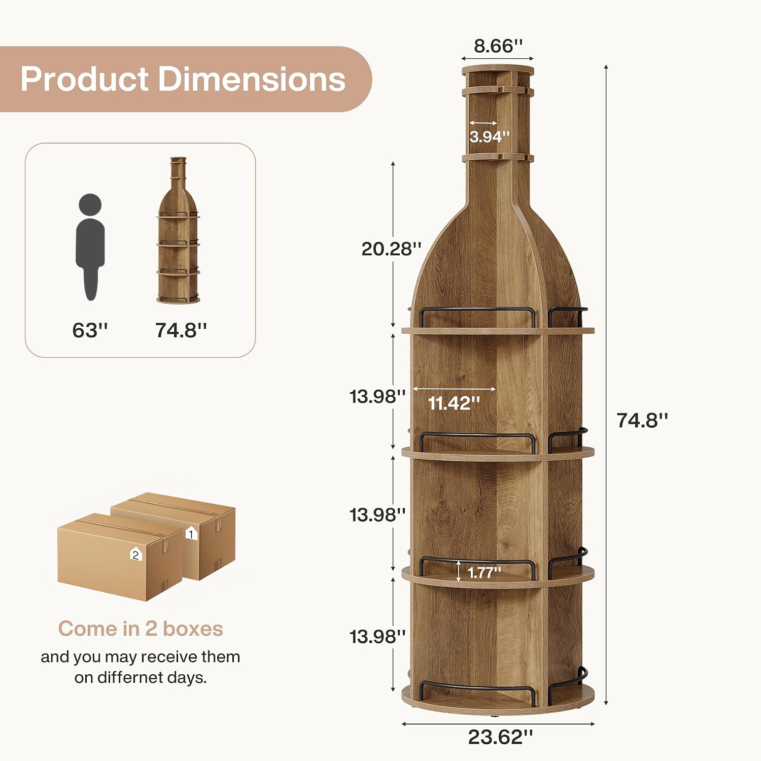 Tribesigns 75-Inch Tall Wine Rack with Storage Shelves, Industrial Round Wine Cabinet with Goblet Holder, Freestanding Bar Liquor Bottle Display Shelf for Living Room, Basement, Brown (Set of 2)
