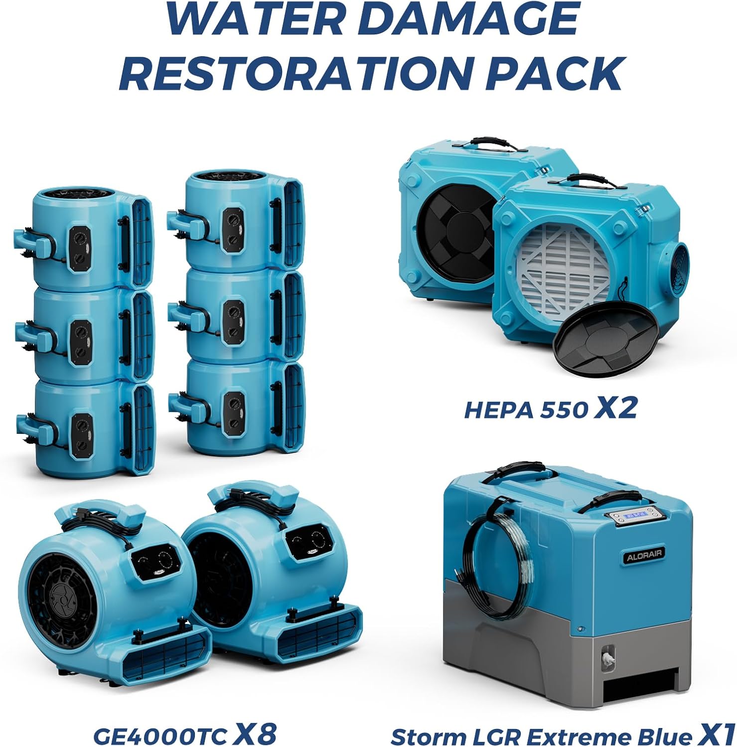 ALORAIR Water Damage Restoration Combo Package 8x Air Mover 2x Air Scrubber 1x Commercial Dehumidifier Ideal for Industrial, Commercial & Home Use - Set 2