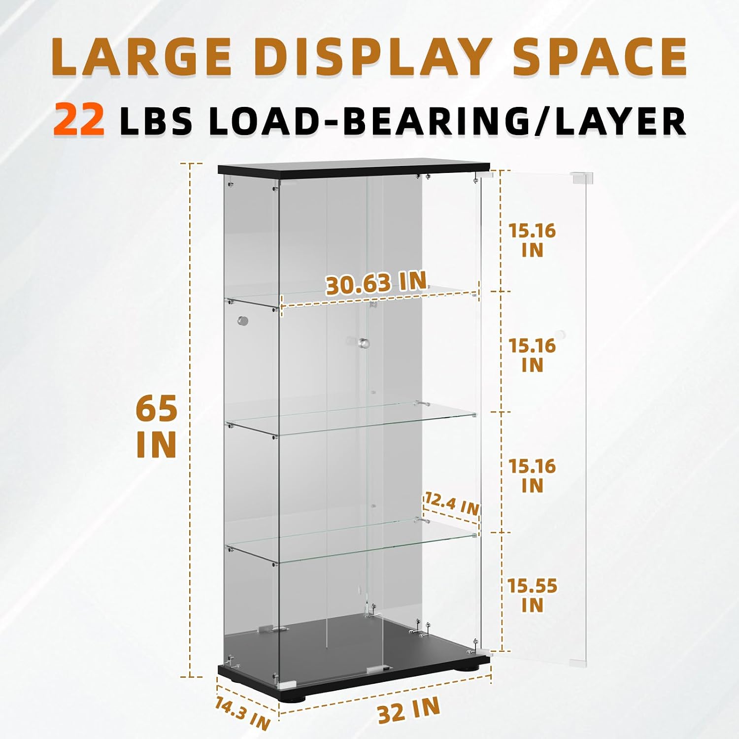 Glass Display Cabinet 4-Shelf with Door, Lock and Mirror,4mm Tempered Glass Floor-to-Ceiling Glass Bookcase for Bedroom, Living Room, Black