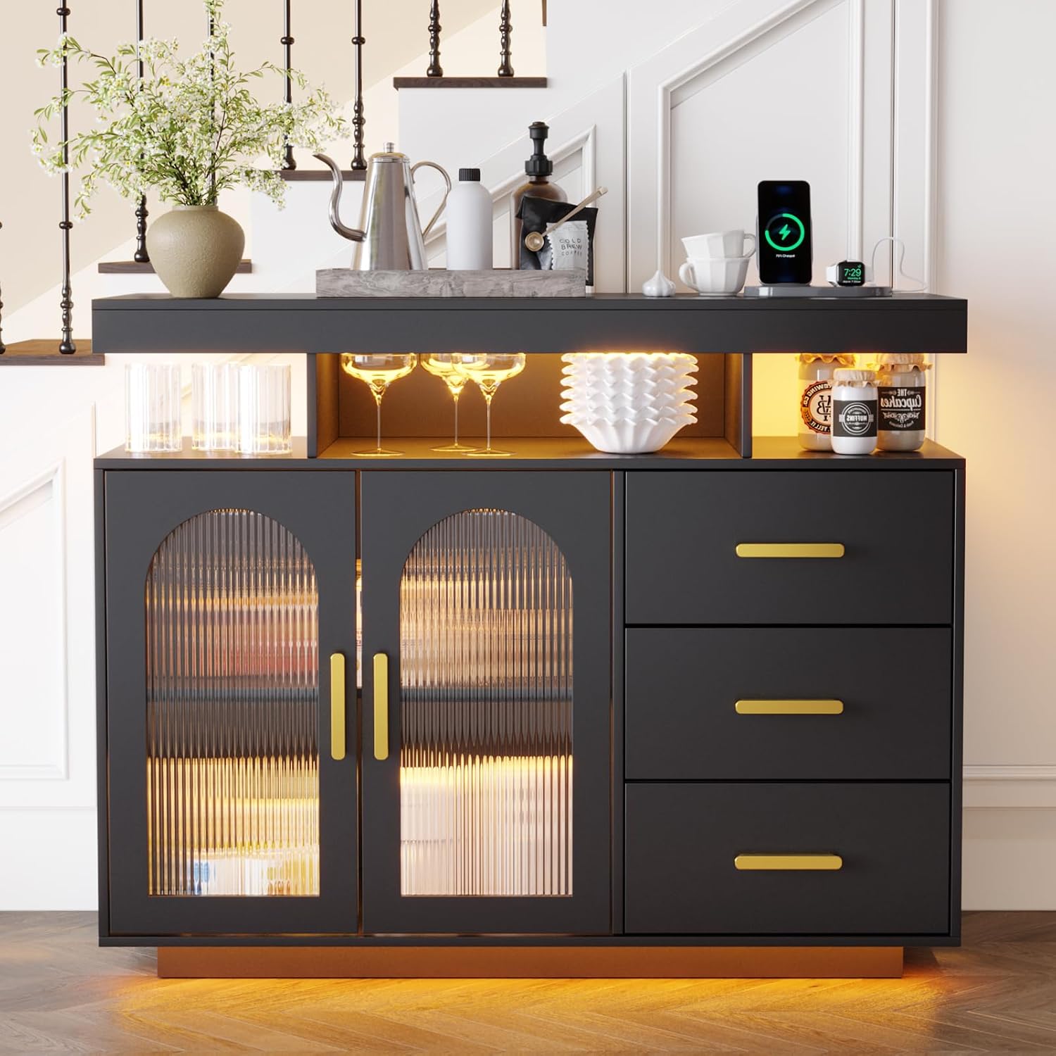 HNEBC LED Sideboard Buffet with Charging Station, Smart Bar Cabinet with Auto RGB Lighted, Coffee Bar with 3 Drawers/Adjustable Shelf for Living Room, Dining Room,Home Storage (Black)