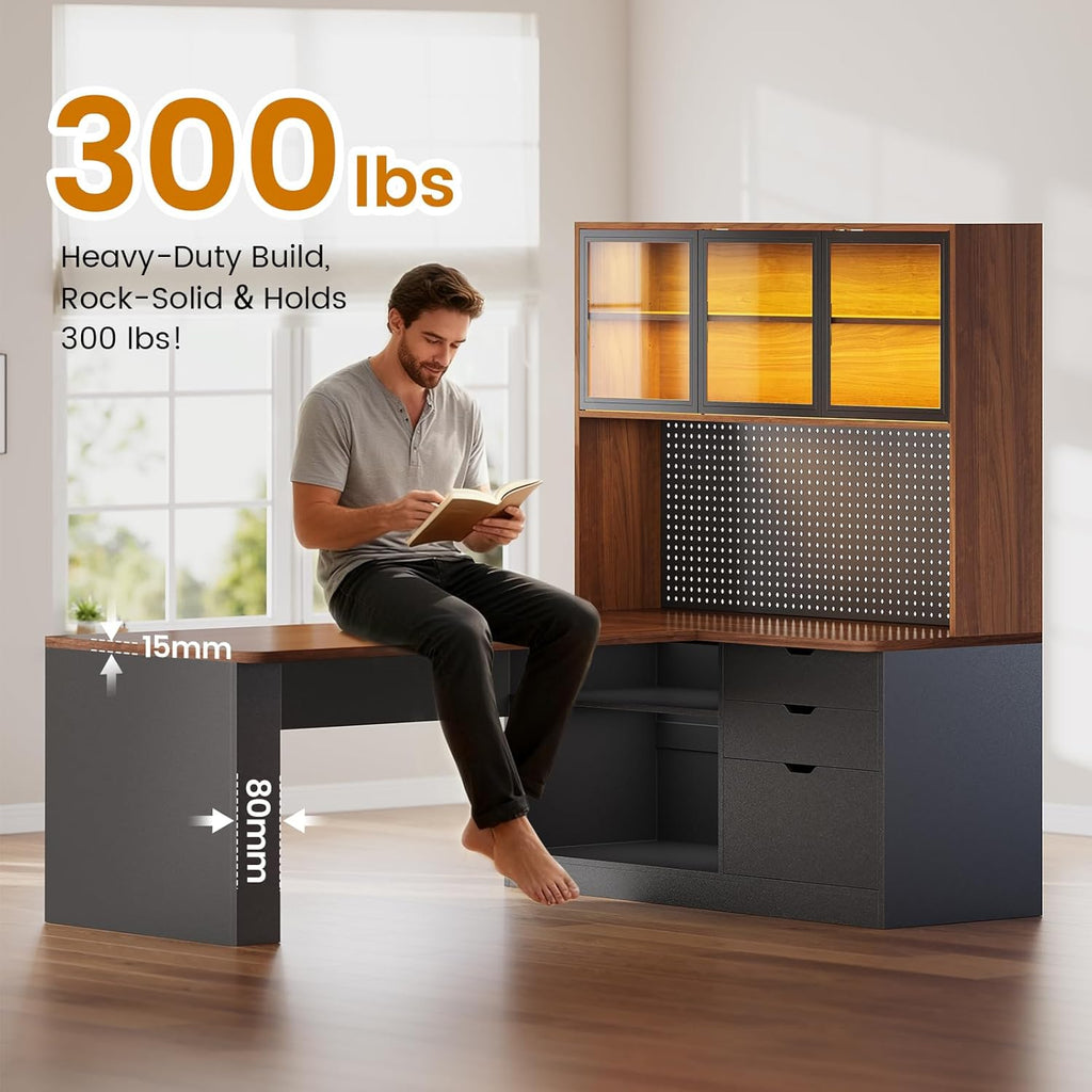 SEDETA L Shaped Office Desk, Computer Desk with 3 Wood Drawer and Large Bookshelf, L Shaped Corner Gaming Desk with LED Light, Display Cabinet and Pegboard, 27.5' W Large Desktop Table, Brown