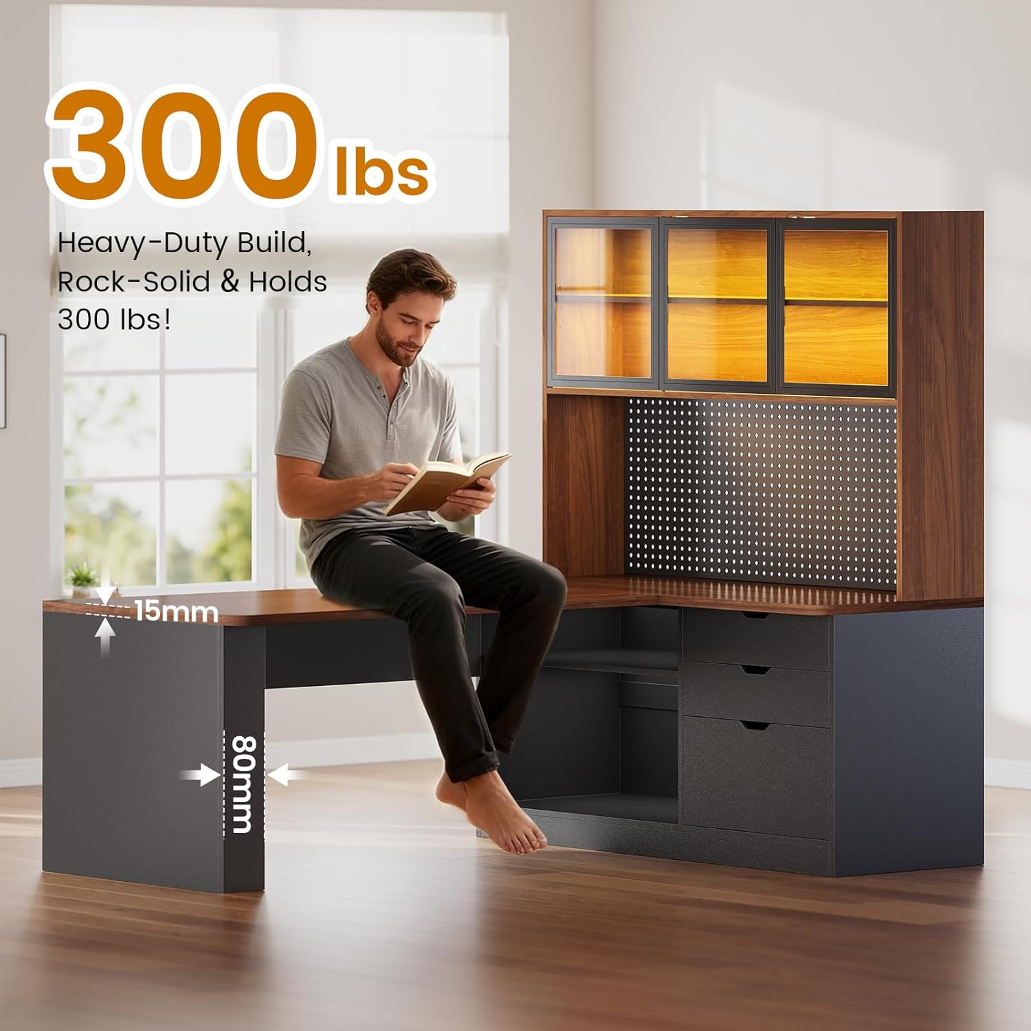 SEDETA L Shaped Office Desk, Computer Desk with 3 Wood Drawer and Large Bookshelf, L Shaped Corner Gaming Desk with LED Light, Display Cabinet and Pegboard, 27.5' W Large Desktop Table, Brown