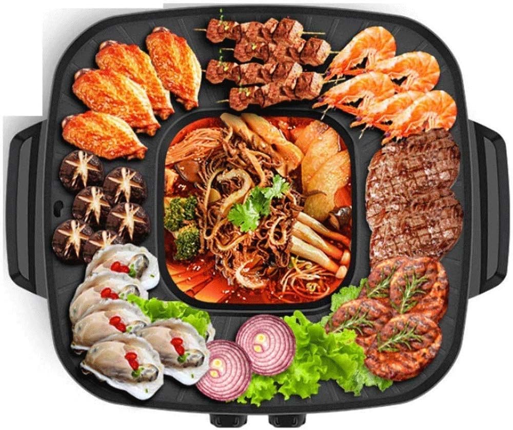 Barbecue Grill Grilled hot Pot with one Pot -Electric Grill Indoor Hot Pot Multifunctional, Indoor Teppanyaki Grill/Pot with Divider - Separate Dual Temperature