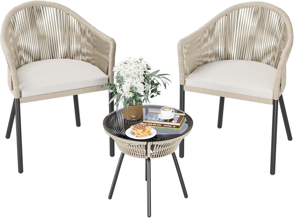Devoko Patio Furniture Set 3 Pieces Rope Woven Bistro Set Outdoor Conversation Set with 2 Wide Chairs,Cushions and Tempered Glass Table for Balcony Porch Backyard Garden Poolside