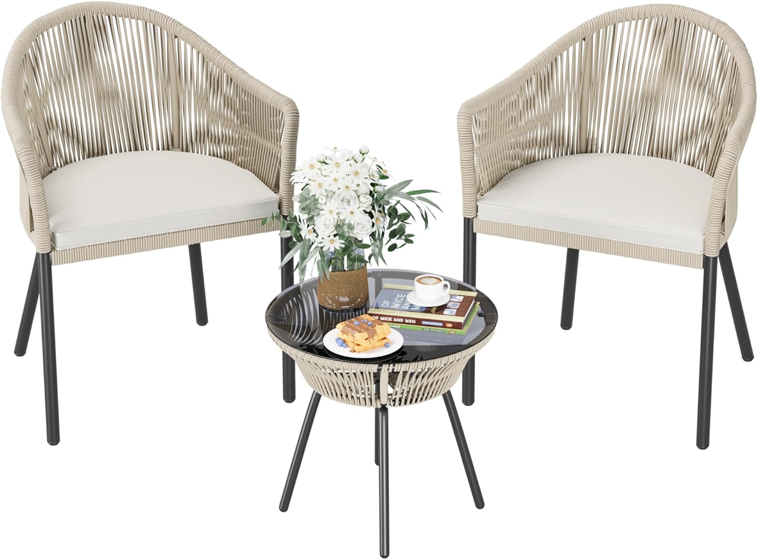 Devoko Patio Furniture Set 3 Pieces Rope Woven Bistro Set Outdoor Conversation Set with 2 Wide Chairs,Cushions and Tempered Glass Table for Balcony Porch Backyard Garden Poolside