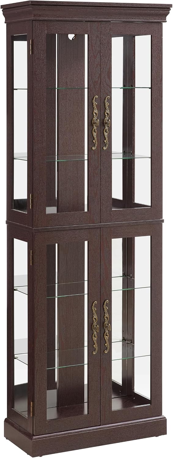 Lighted Glass Curio Cabinet with Lights & Adjustable Shelves,Curio Display Cabinet with Wood Frame,Corner Cabinet for Kitchen,Living Room,Office(Free Standing,Light Bulb Include)