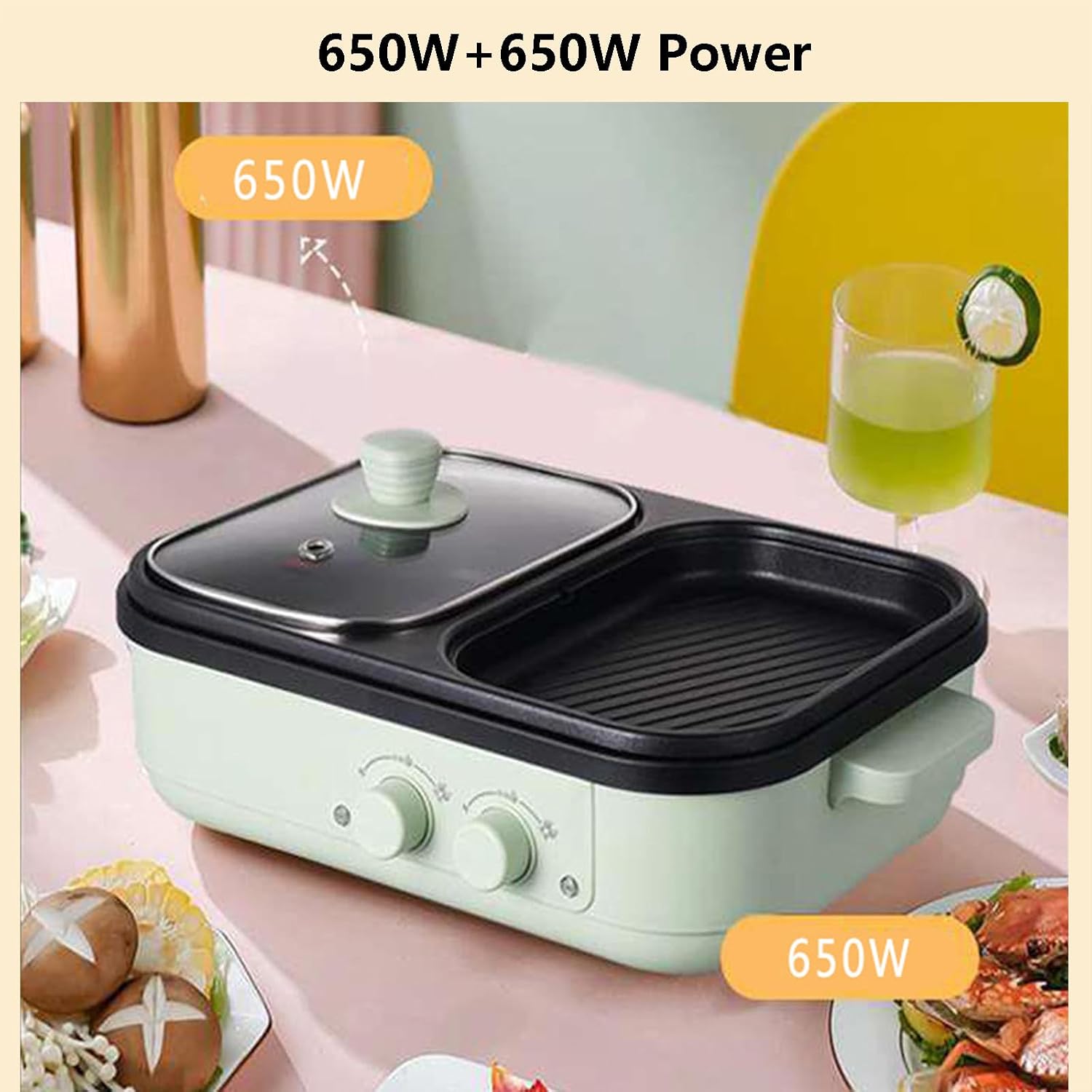 Electric Shabu Hot Pot & Barbecue Frying Pan with Distributor + 3 Salad Bowls, Electric Contact Grills Non-stick Multi-Cookers 1300w Hot Pot Barbecue Integrated Pot,green