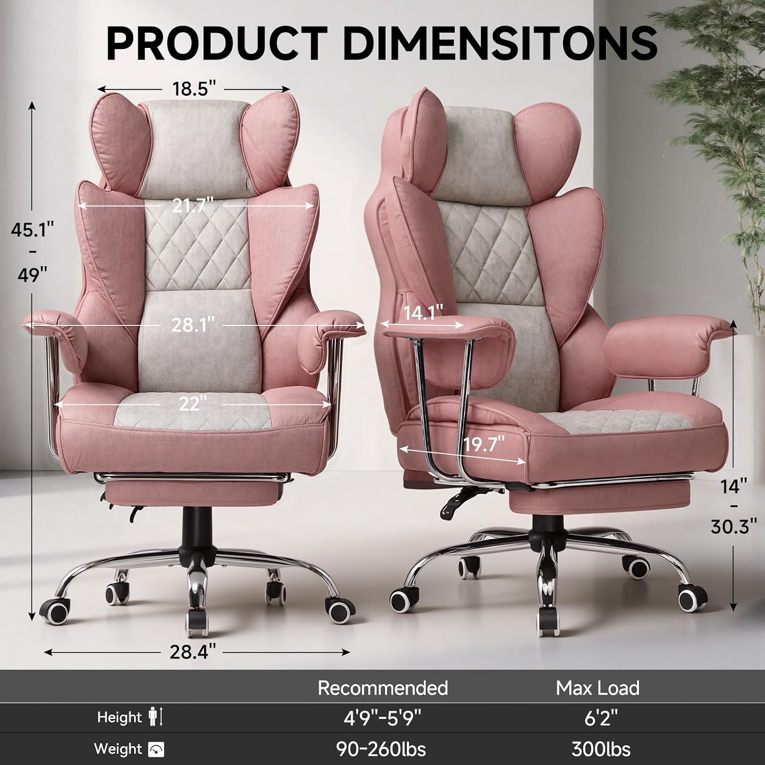 GTPLAYER Gaming Chair,Office Chair with Pocket Spring Lumbar Support, Ergonomic Comfortable Wide Office Desk Computer Chair with Outward Fixed Soft Armrests and Footrest (Fabric, Pink)