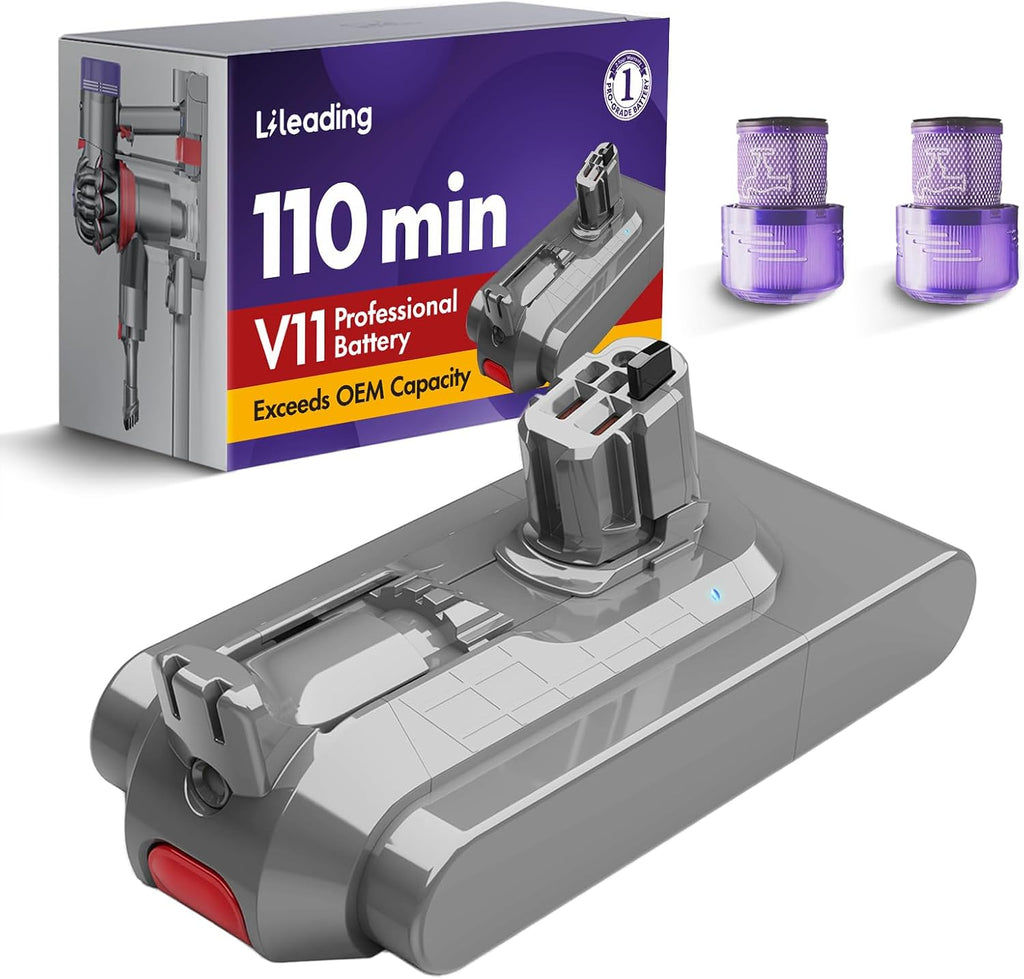 V11 110-min Red Button Battery Replacement: With Samsng Battery Cells, Compatible with Dyson Click-in Models, V11 Animal, Torque Drive, Total Clean, Outsize, SV15/16/22, 970425-01, Includes 2 Filters