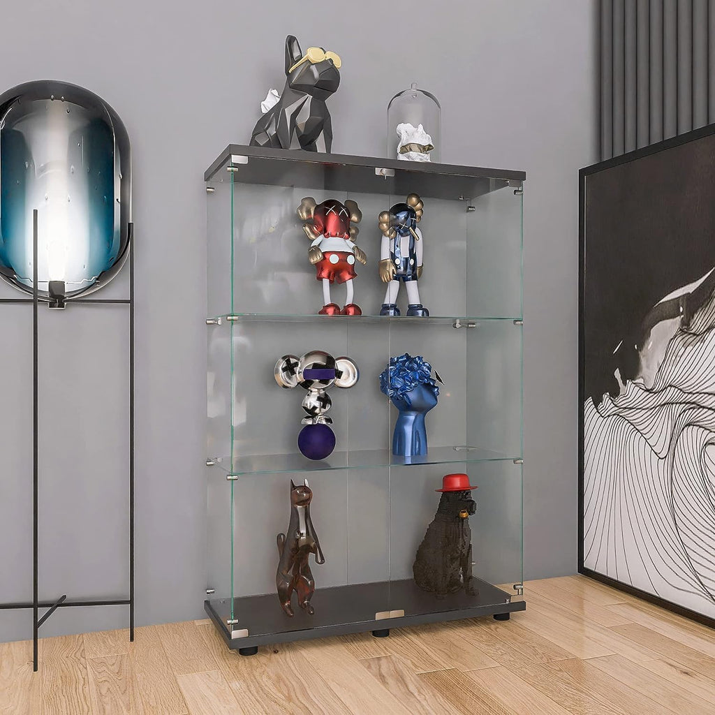 APRILSOUL Glass Display Cabinet 3-Shelf with Double Door, Curio Display Cabinet with 5mm Tempered Glass Floor Standing Bookshelf for Bedroom, Living Room, 49 x 31.7 x 14.3 in