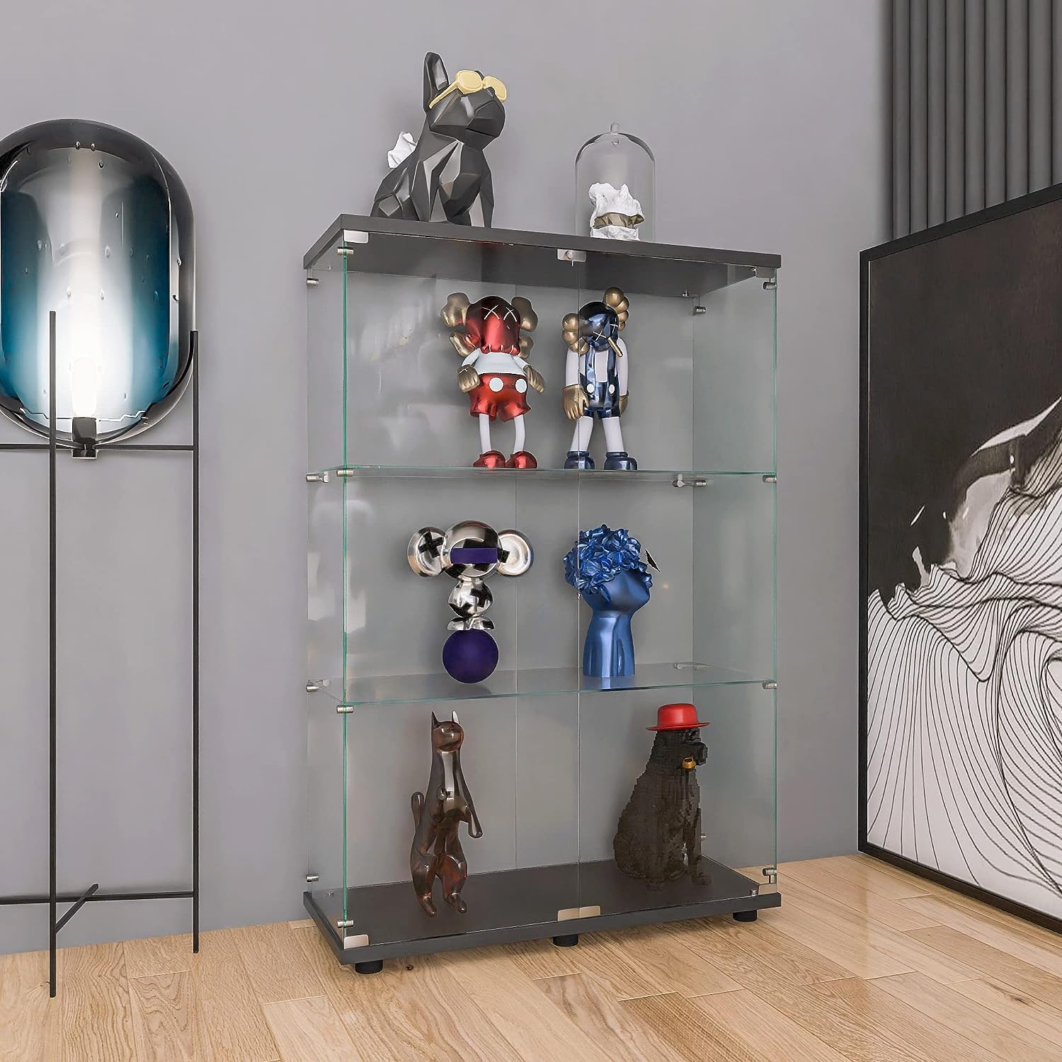APRILSOUL Glass Display Cabinet 3-Shelf with Double Door, Curio Display Cabinet with 5mm Tempered Glass Floor Standing Bookshelf for Bedroom, Living Room, 49 x 31.7 x 14.3 in
