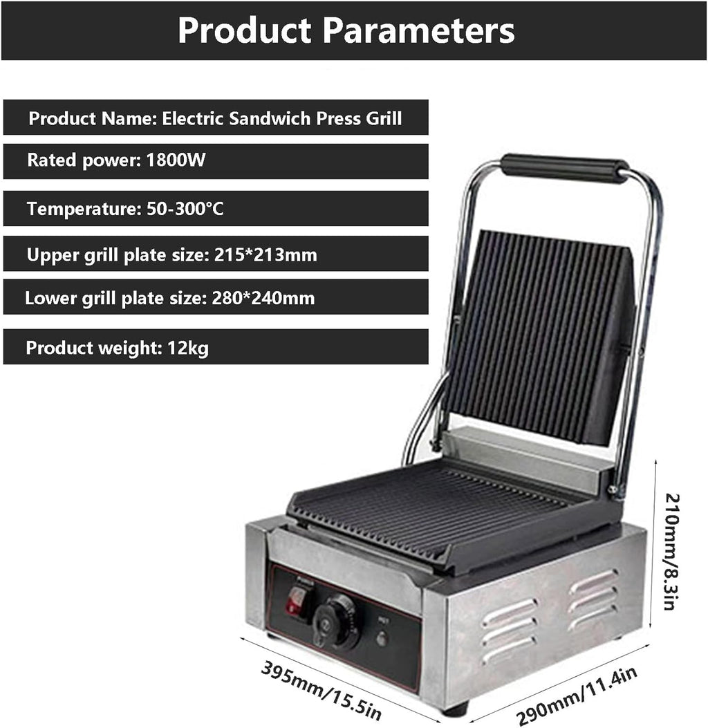 Commercial Sandwich Grill with 1/Fish Scaler & 1/Corkscrew, Electric Sandwich Contact Grill Non-Stick Sandwich Press with 50-300°C Temperature for Restaurant 1800w,grooved