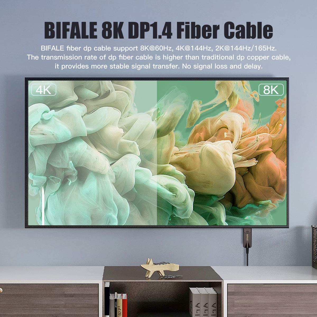 BIFALE DP Fiber Optic Cable 100ft, 8K Fiber Displayport 1.4 Cable Support HBR3, DSC 1.2, HDR10, 32.4Gbps, 8K@60Hz, 4K@144Hz, Thin and Slim Fiber DP1.4 Cable