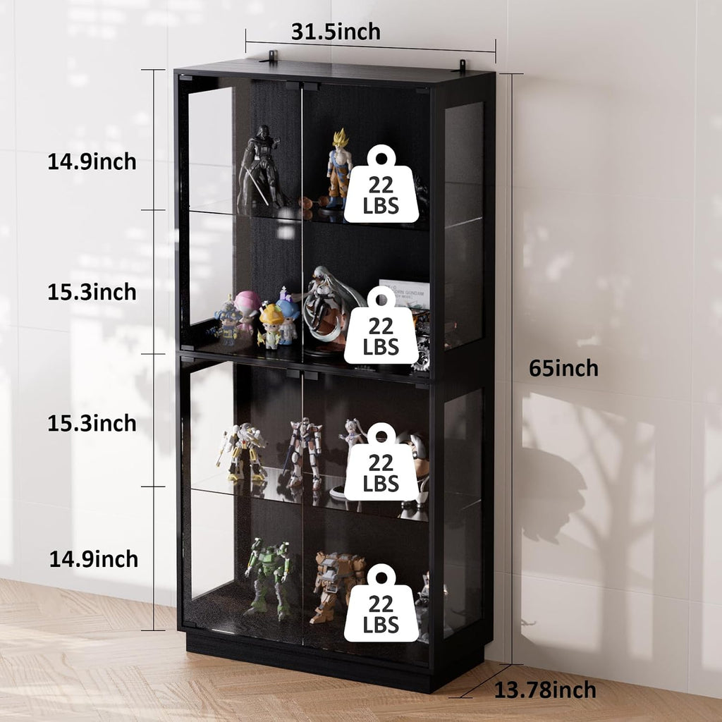 Display Cabinet with Glass Doors 4 Tier Glass Display Case with RGB LED Lights Display Cases for Collectibles Adjustable Shelves Display Case, for Game Room, Living Room, Bedroom, Black