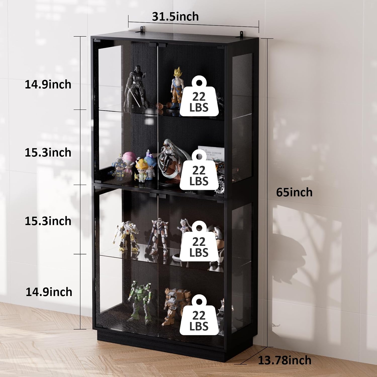 Display Cabinet with Glass Doors 4 Tier Glass Display Case with RGB LED Lights Display Cases for Collectibles Adjustable Shelves Display Case, for Game Room, Living Room, Bedroom, Black