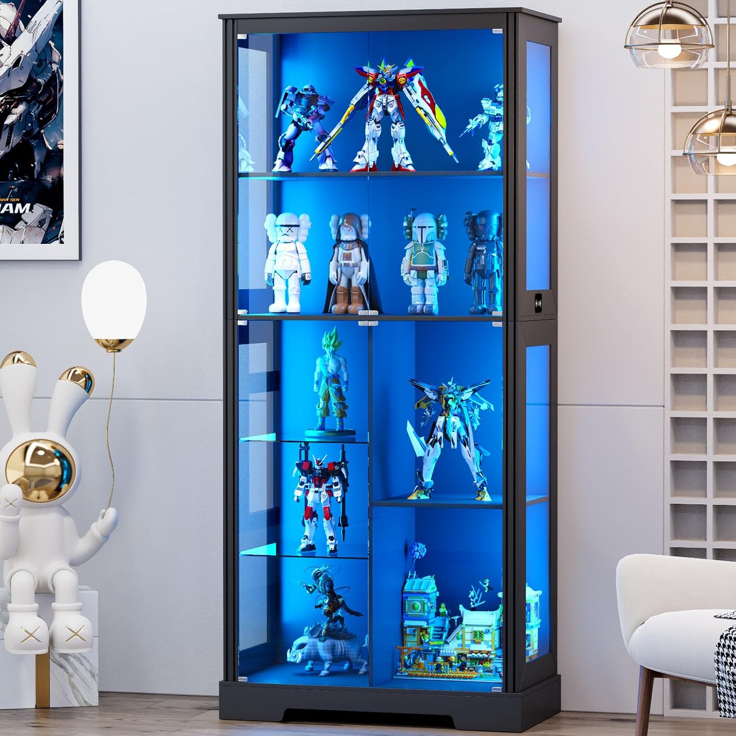 HNEBC 71'' Display Cabinet with 5-Tier and 3 Color Lights for Books Toys Liquor,Curio Cabinet with Human Body Bookcases for Bedroom, Living Room,Black