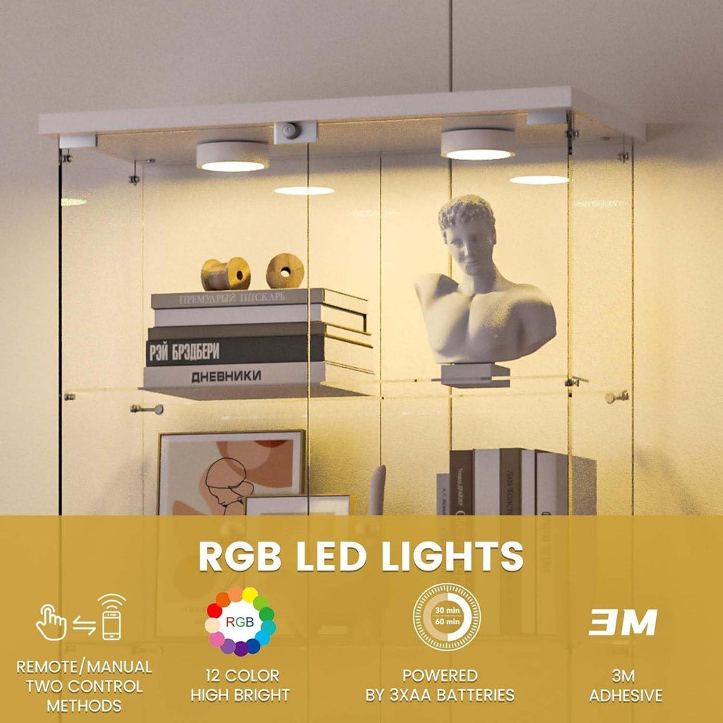 Glass Display Cabinet with LED Lights, 5-Shelf Locking Bookcase with Remote Control, Tempered Glass Curio Cabinet for Living Room, Bedroom, Office, White (5-Shelf)