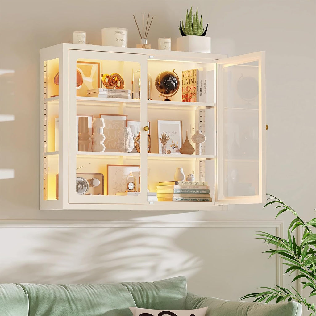 Bathroom Wall Cabinet with 13-Color Light, Wall Mounted 3-Sided Glass Display Cabinet with Adjustable Shelves, Floating Metal Medicine Storage Cabinet for Kitchen Living Room - White