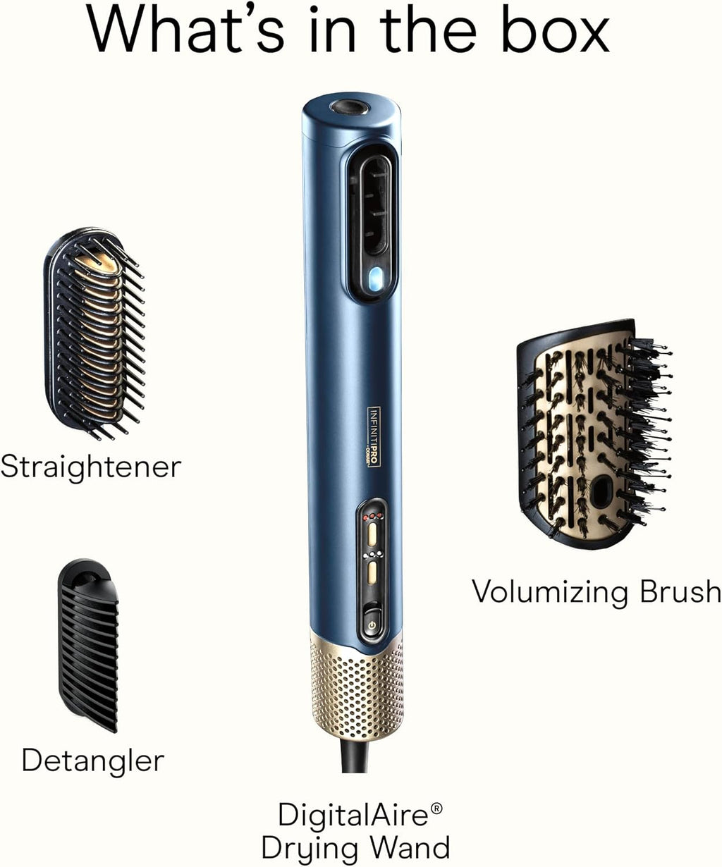 Infiniti PRO CONAIR DigitalAIRE Hair Dryer Drying Wand, Straightener and Styler, Ionic All-in-One Digital Motor Blow Dryer, Includes 3 High-Performance Attachments, Dark Blue